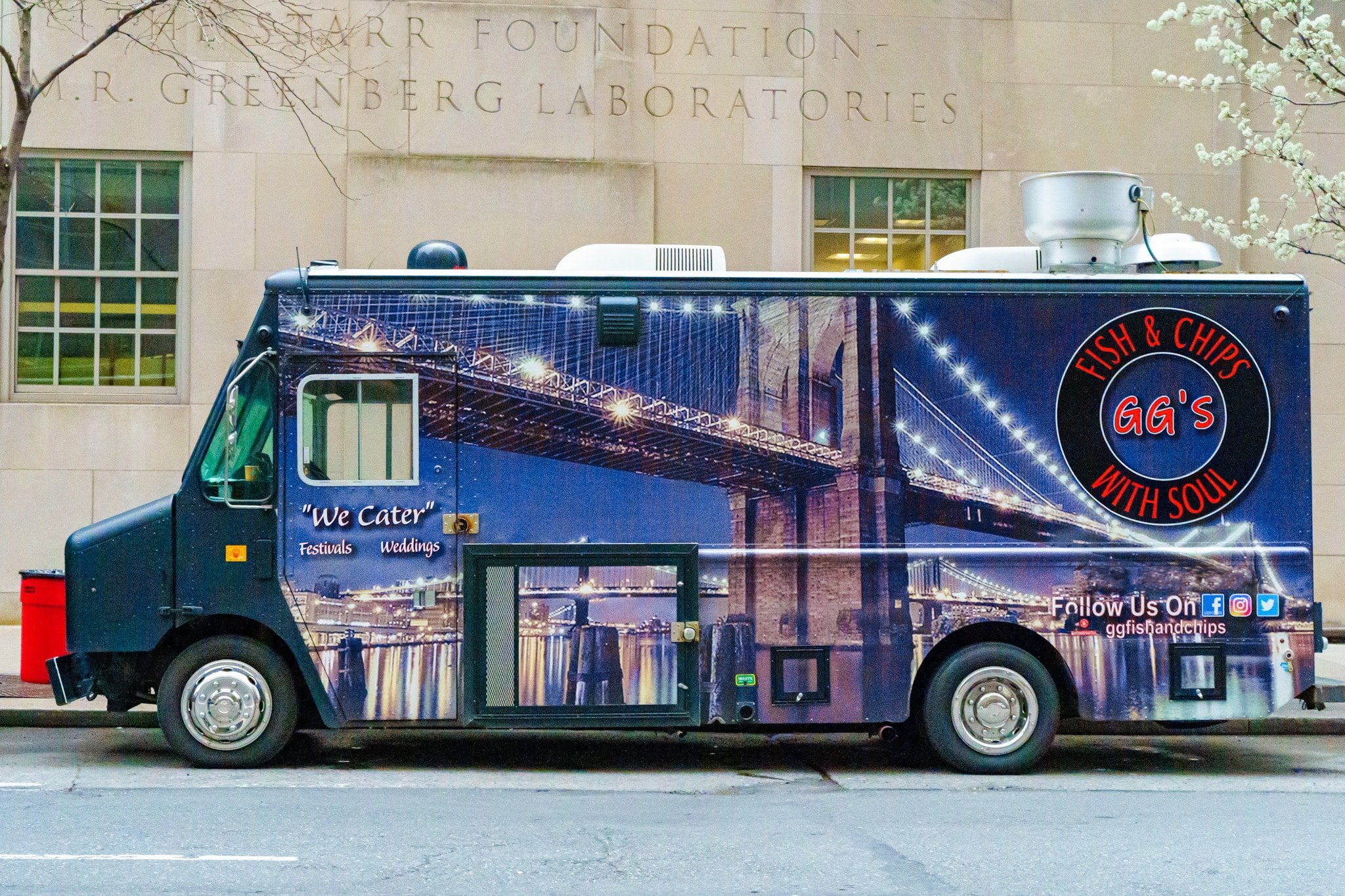 gg's fish and chips food truck parked in front of greenberg laboratories