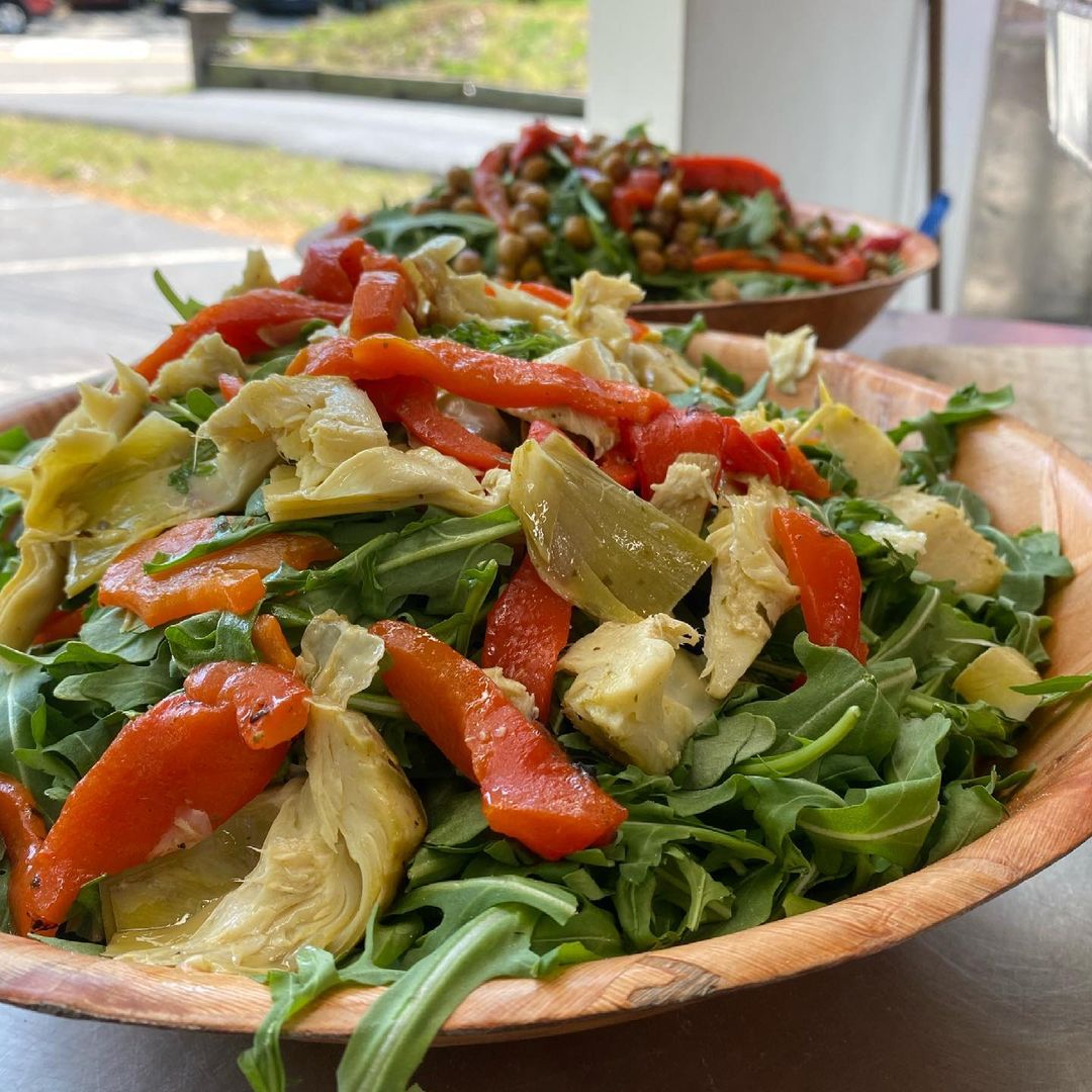 Artichoke, roasted red peppers, and arugula salad from Pie Oh My food truck.