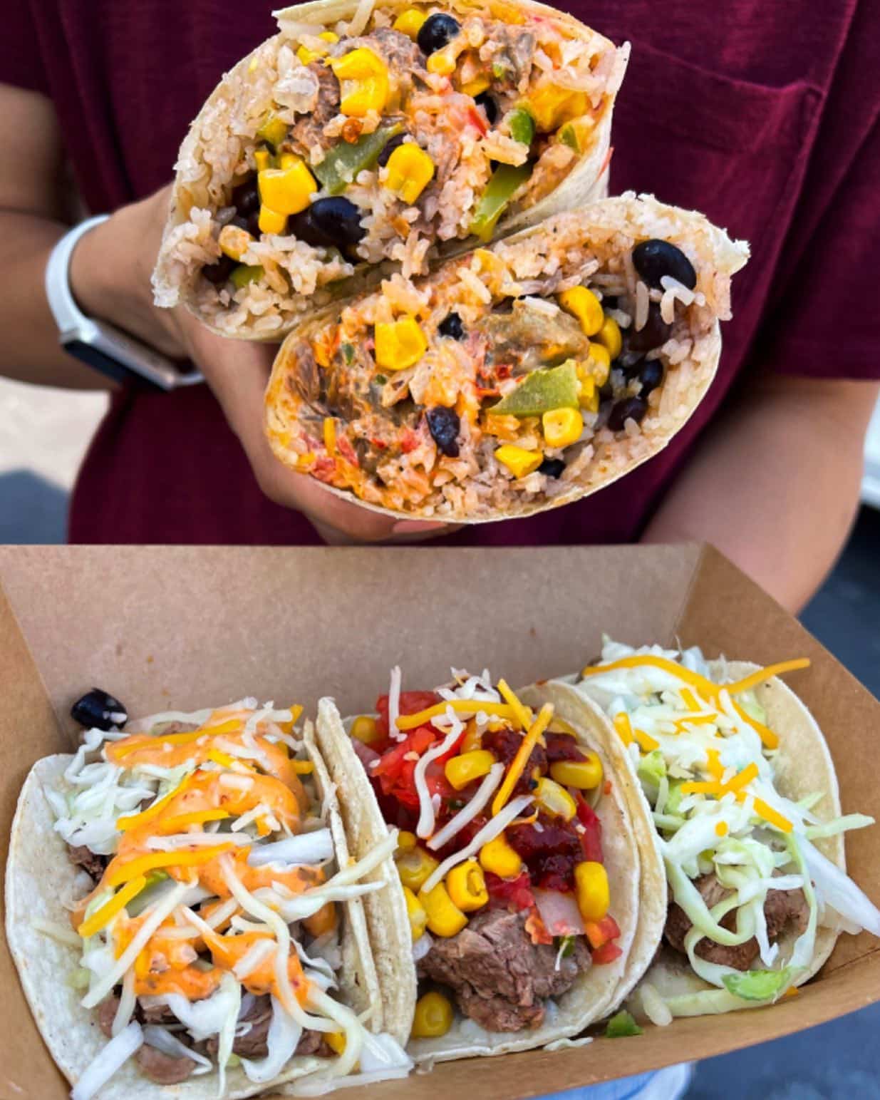 Burrito and variety of tacos from 5 Elementos food truck