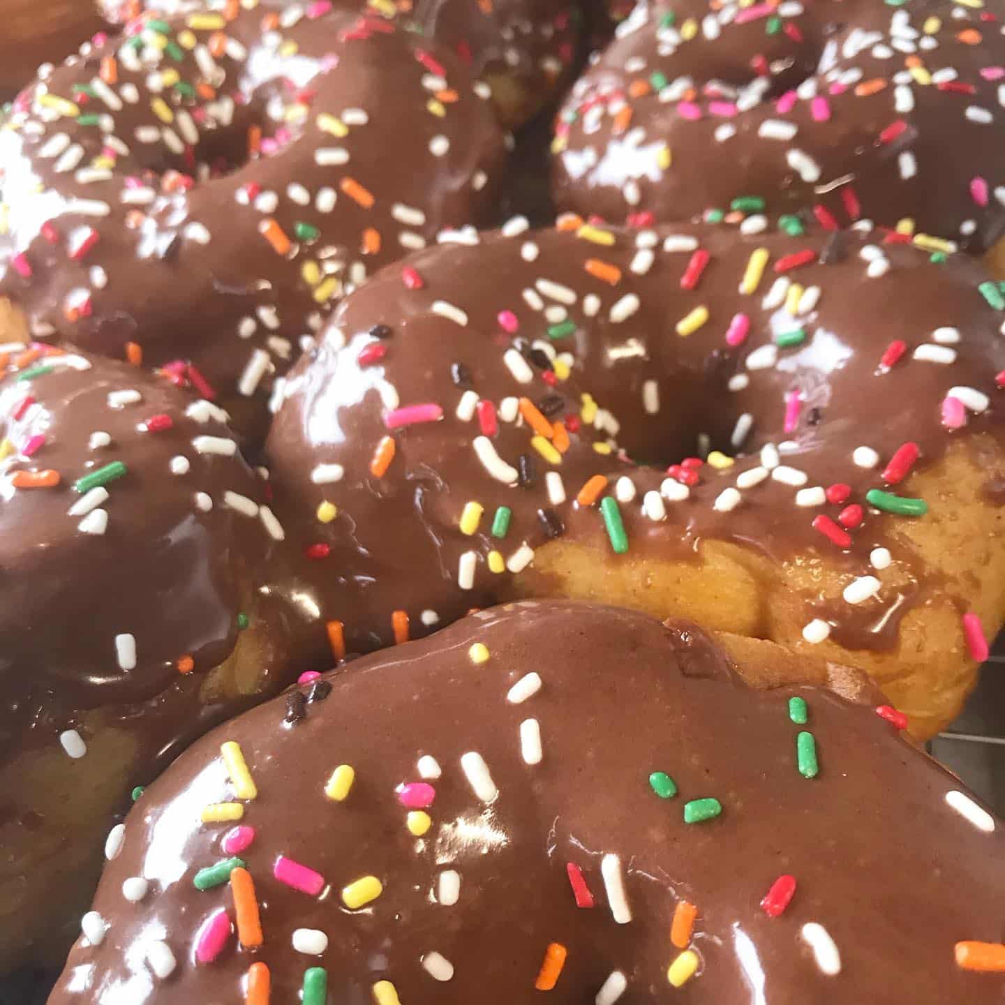 Chocolate Glazed Donuts with rainbow sprinkles