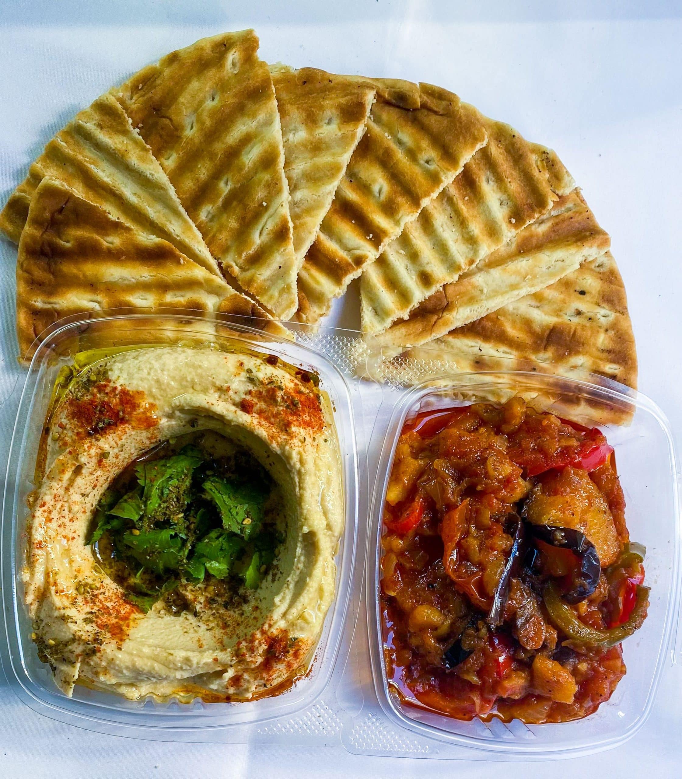Hummus and Eggplant dip served with Pita
