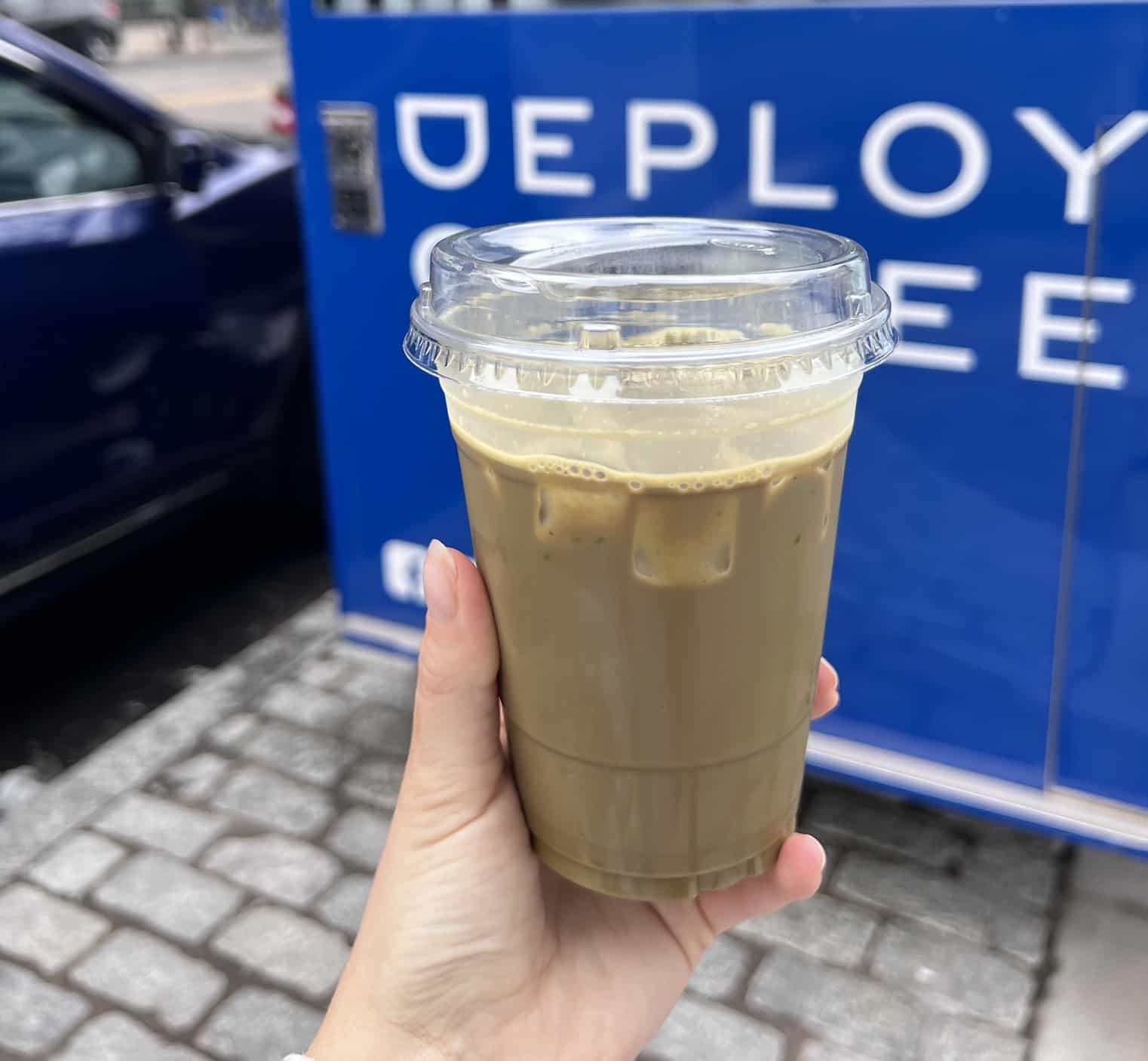 Moab specialty drink from Deploy Coffee made with Matcha, Double Espresso, Chocolate & Steamed Milk