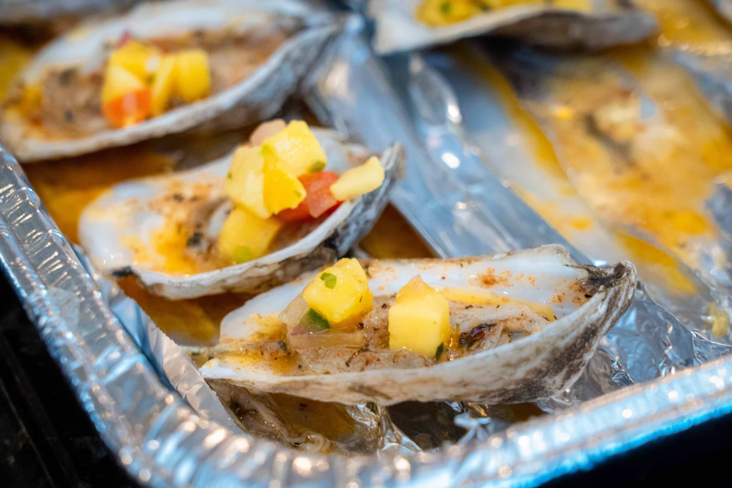 jerk and mango salsa broiled oysters
