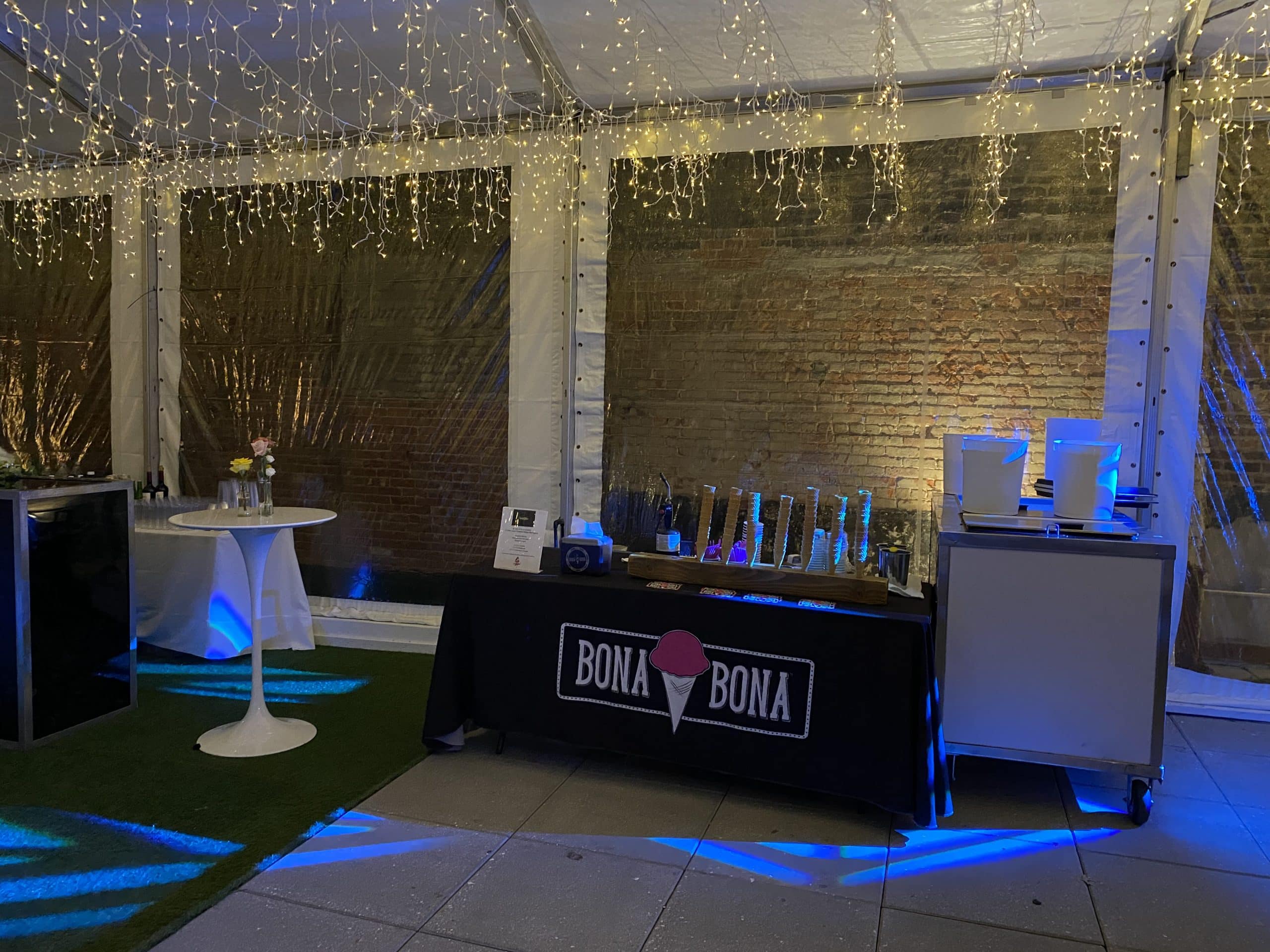 Indoor bona bona catering setup for a private event.
