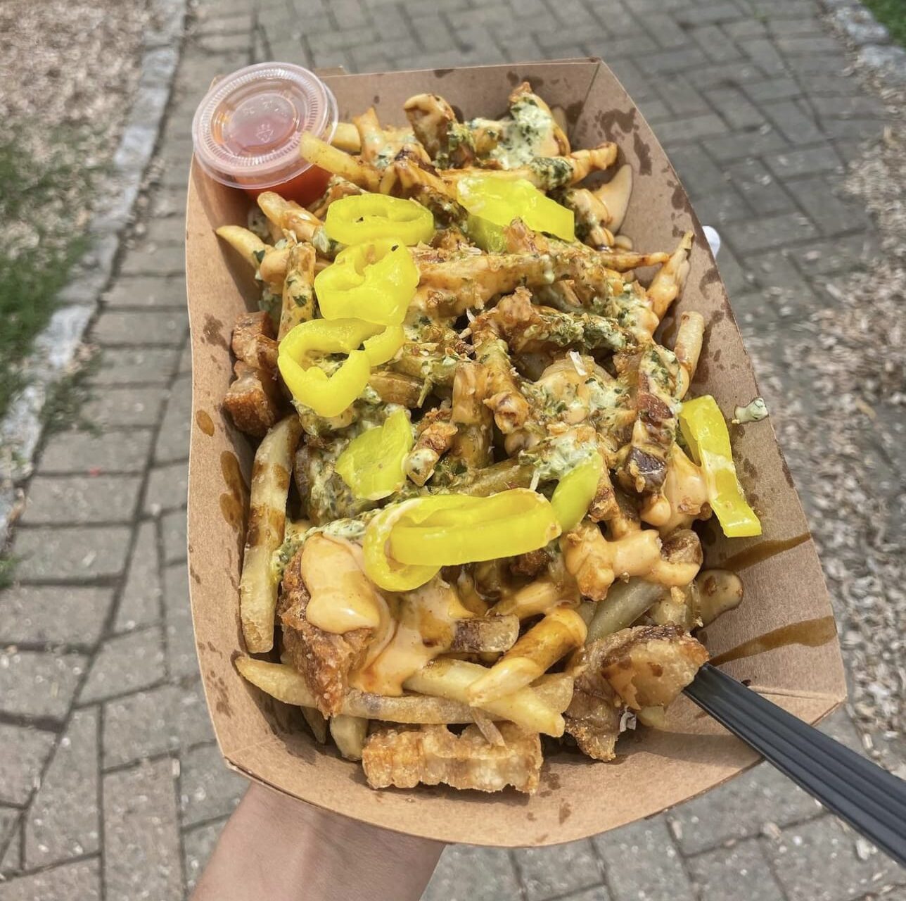 loaded french fries in a to-go container with a side of dipping sauce